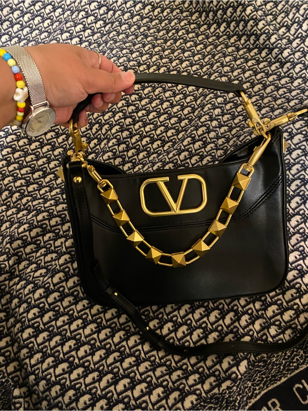 Black Leather VLogo Shoulder Bag with Gold Stud Chain